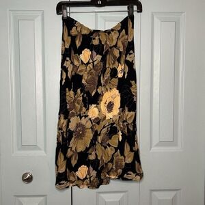 Y2K 90s Black Yellow Floral Midi Skirt Elastic Waist M/L READ DESCRIPTION